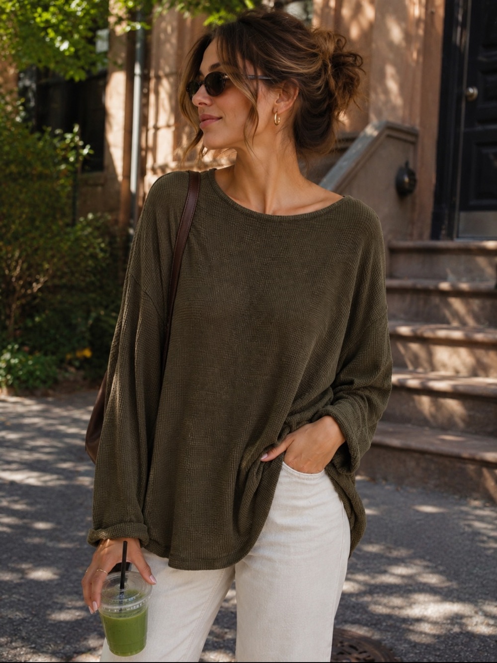 Zara Olive Green Oversized Waffle Knit Long Sleeve Top Medium